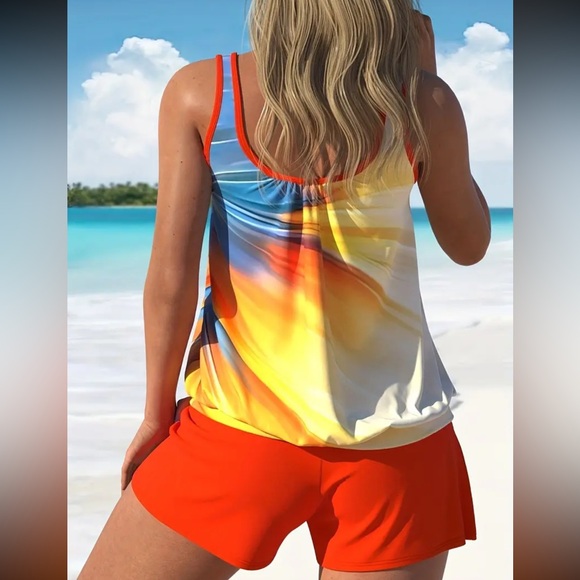 NEW 2 Piece Swim Tankini Set, yellow sunset #SW-T2-0034 - Picture 2 of 5